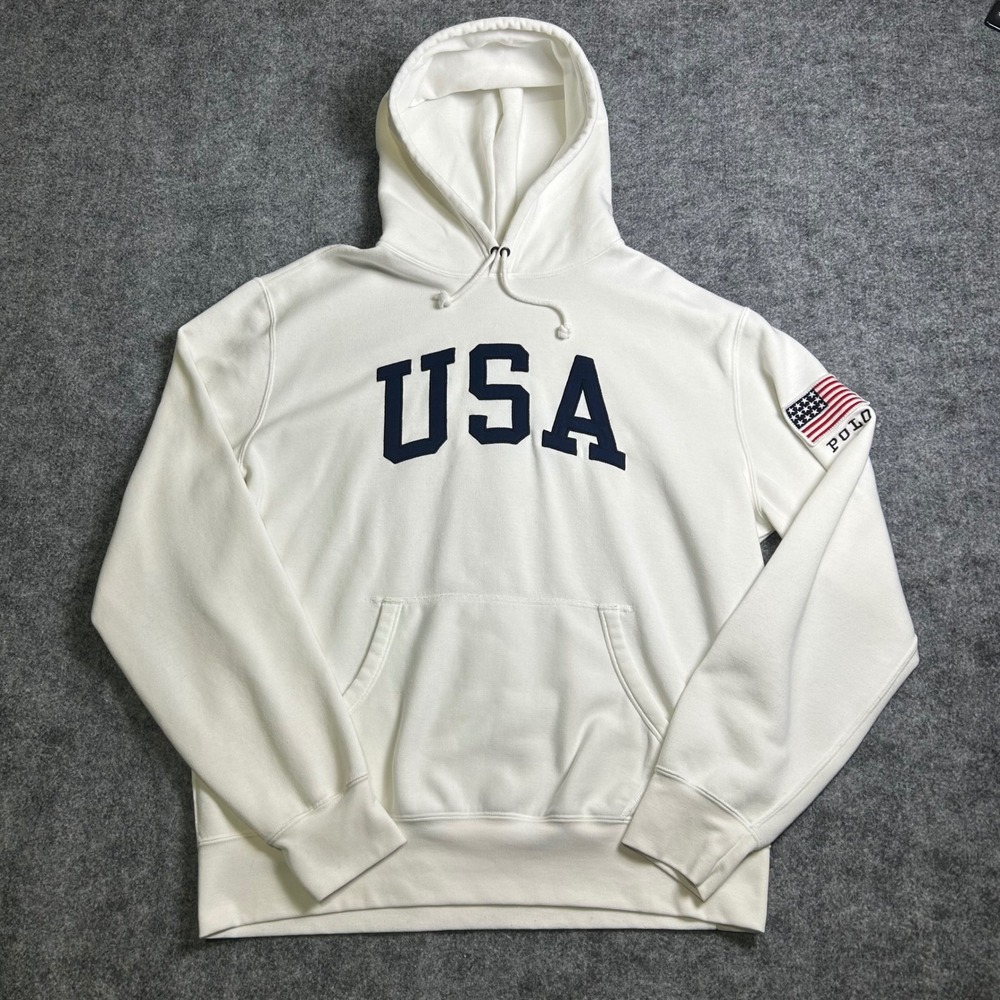 Polo Ralph Lauren USA Flag Hoodie White Cream Navy Blue Retro Size XL - Picture 2 of 7